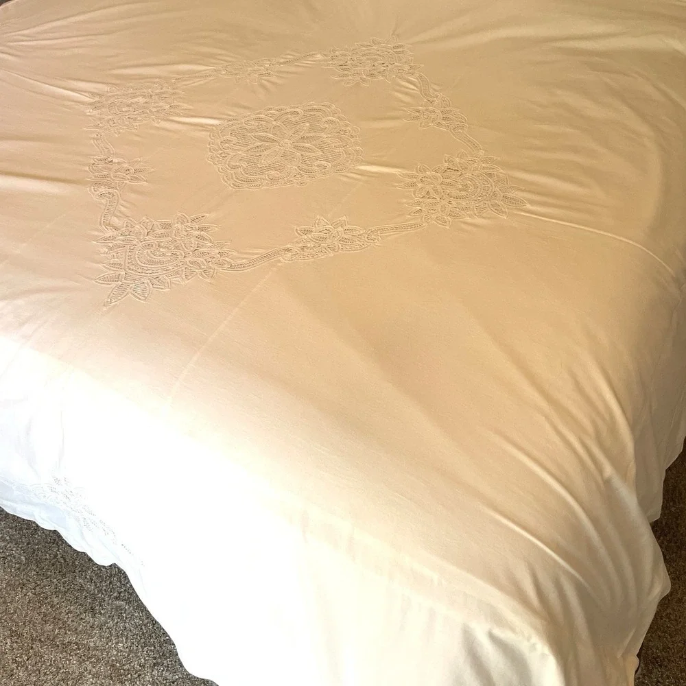 Battenburg Lace Duvet Cover Full Double Size Crisp White Cottagecore Shabby